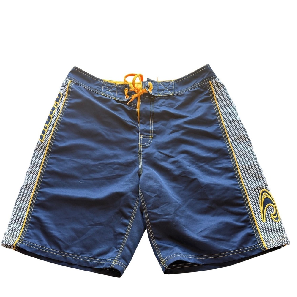 ONeill Mens Board Shorts Navy Blue Yellow Mesh Side Panel Swim Trunks  34 Y2k